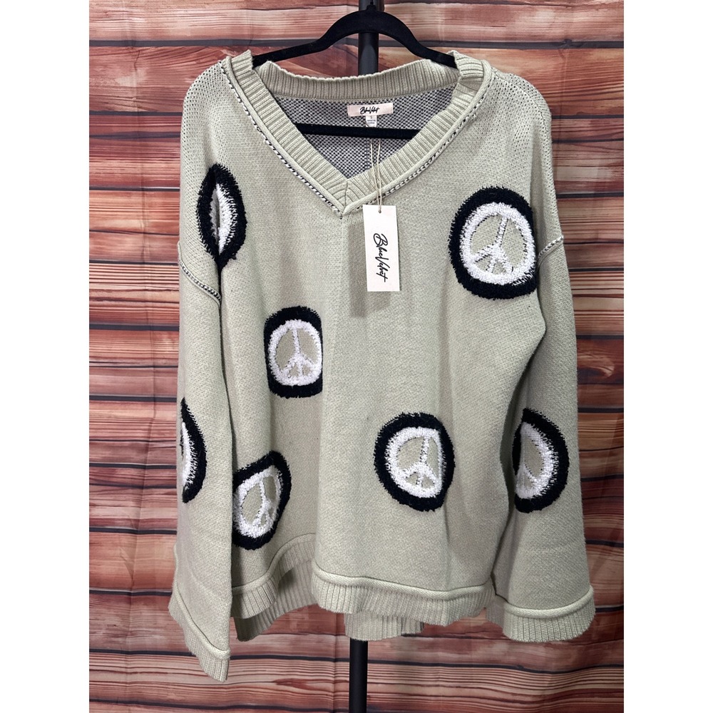 Blue Velvet Sage Green Peace Sign V-Neck Oversized Sweater 60994JST Small